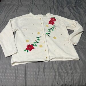 Womens CLASSIC ELEMENTS Petite Cream Cardigan Sweater Poinsettia Holiday Size PL